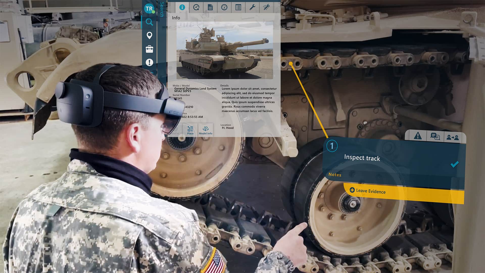 AR-guided maintenance procedure on military vehicle tank track