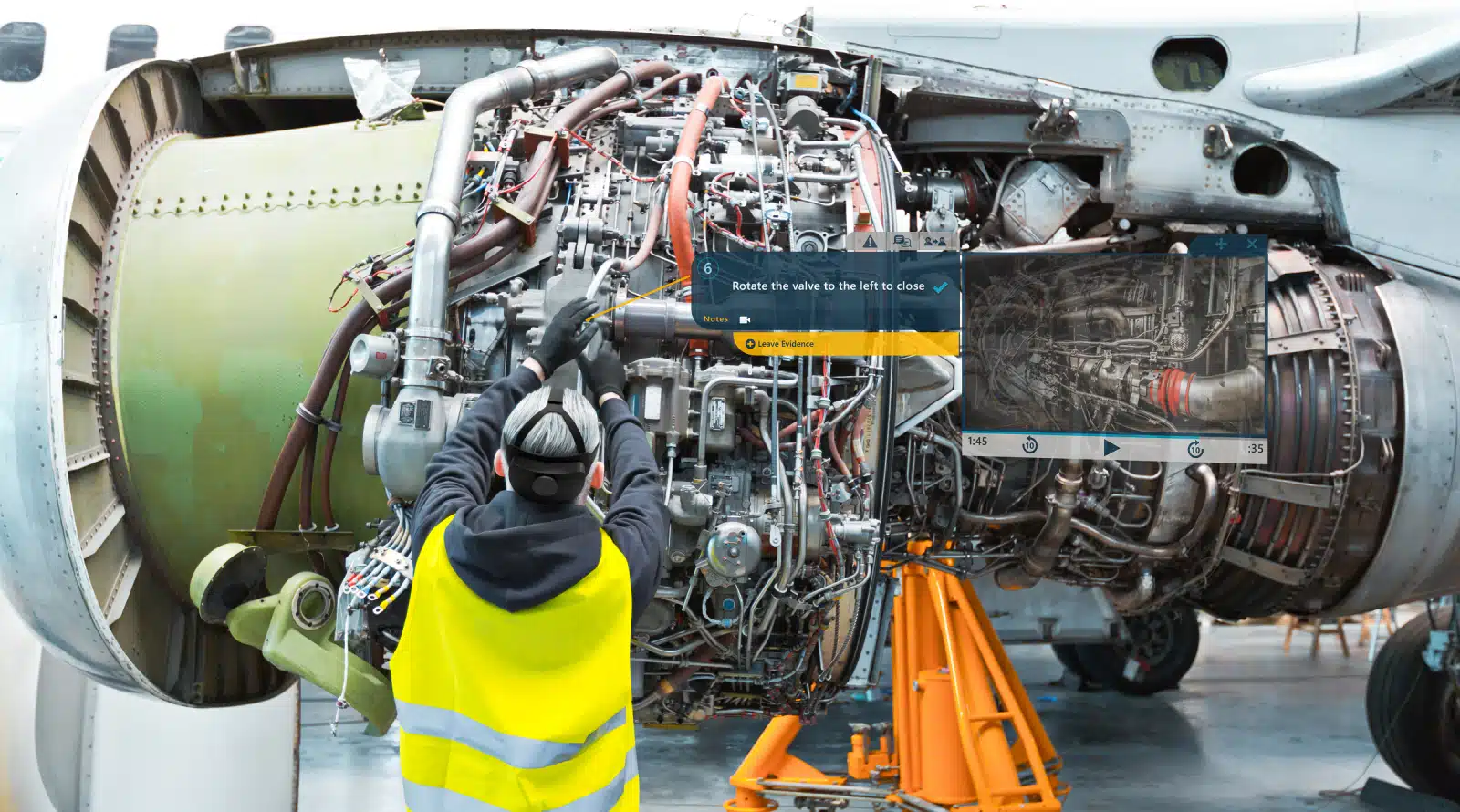 Technician working on an aircraft engine with a Manifest step card prompting to leave evidence